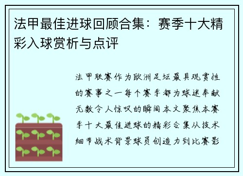 法甲最佳进球回顾合集：赛季十大精彩入球赏析与点评